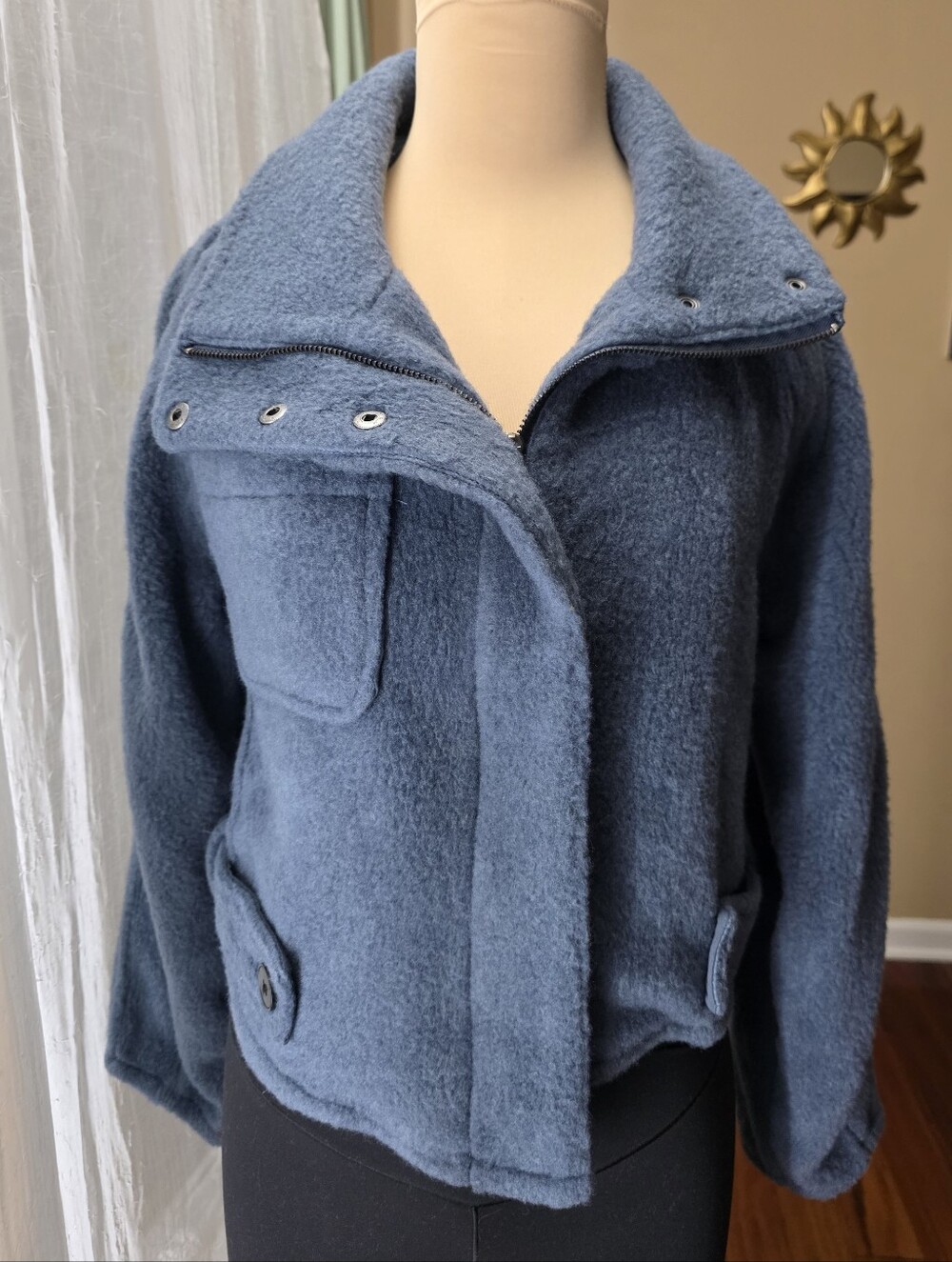 Dusty Blue Asymmetrical Zip Moto Jacket Funnel Collar Bernie Bernardo XS Cropped